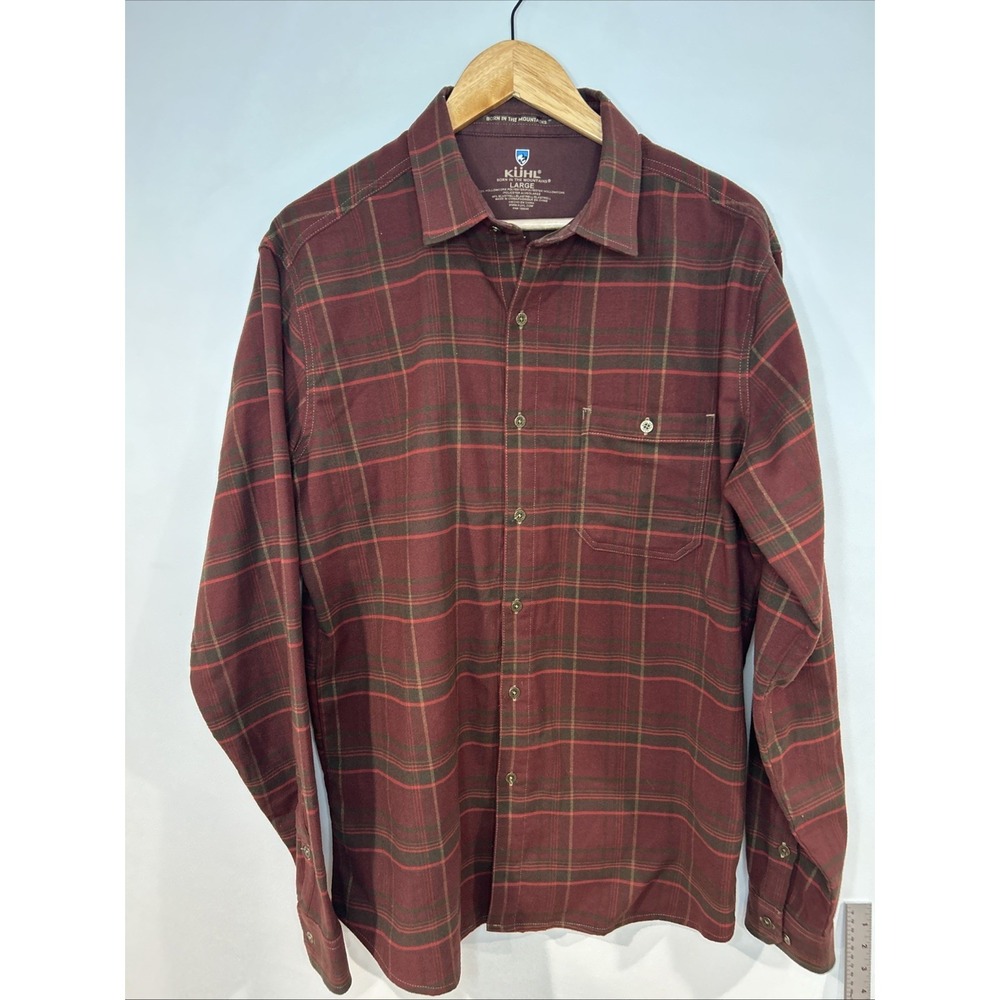 Kuhl Flannel Long Sleeve Button Up Maroon Plaid Outdoor Hiking Casual Men's L